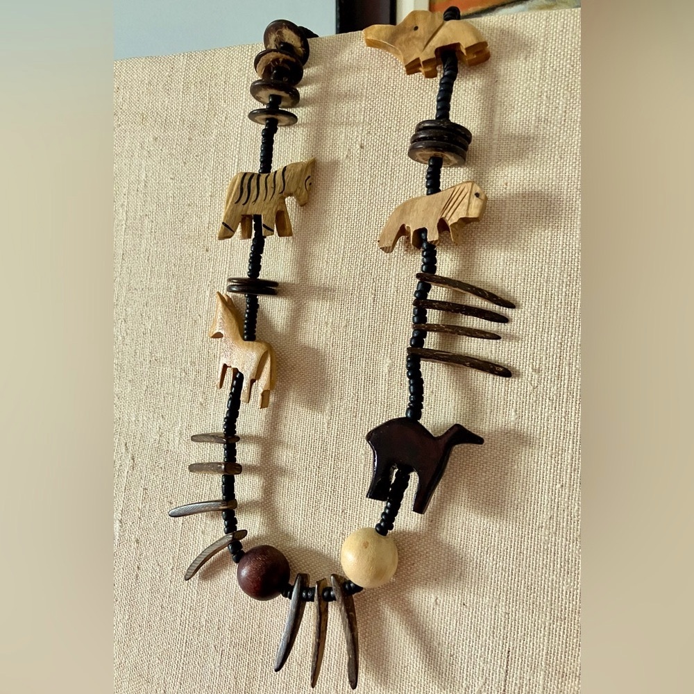Vintage Tribal Style Wood Animal Bead Necklace with Tan Black and Brown Accents
